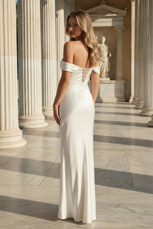 Off the Shoulder Coral Mermaid Satin Long Party Dress - KissProm