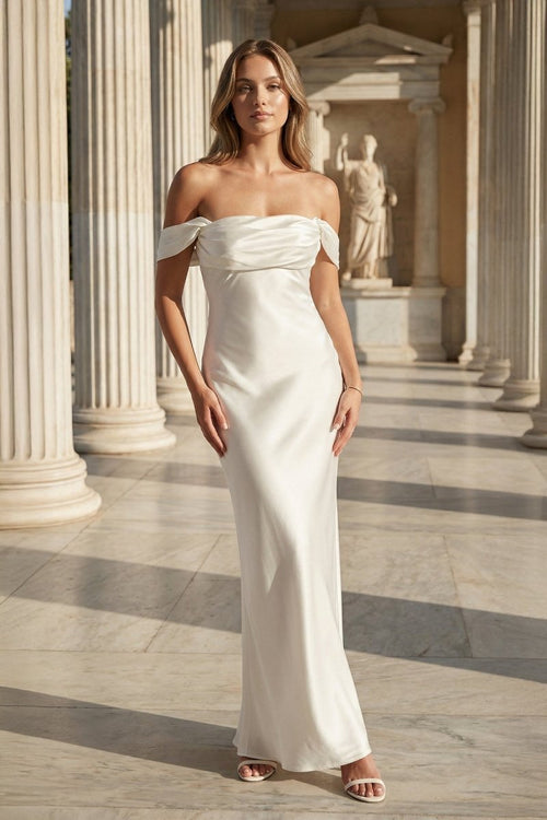 Off the Shoulder Coral Mermaid Satin Long Party Dress - KissProm