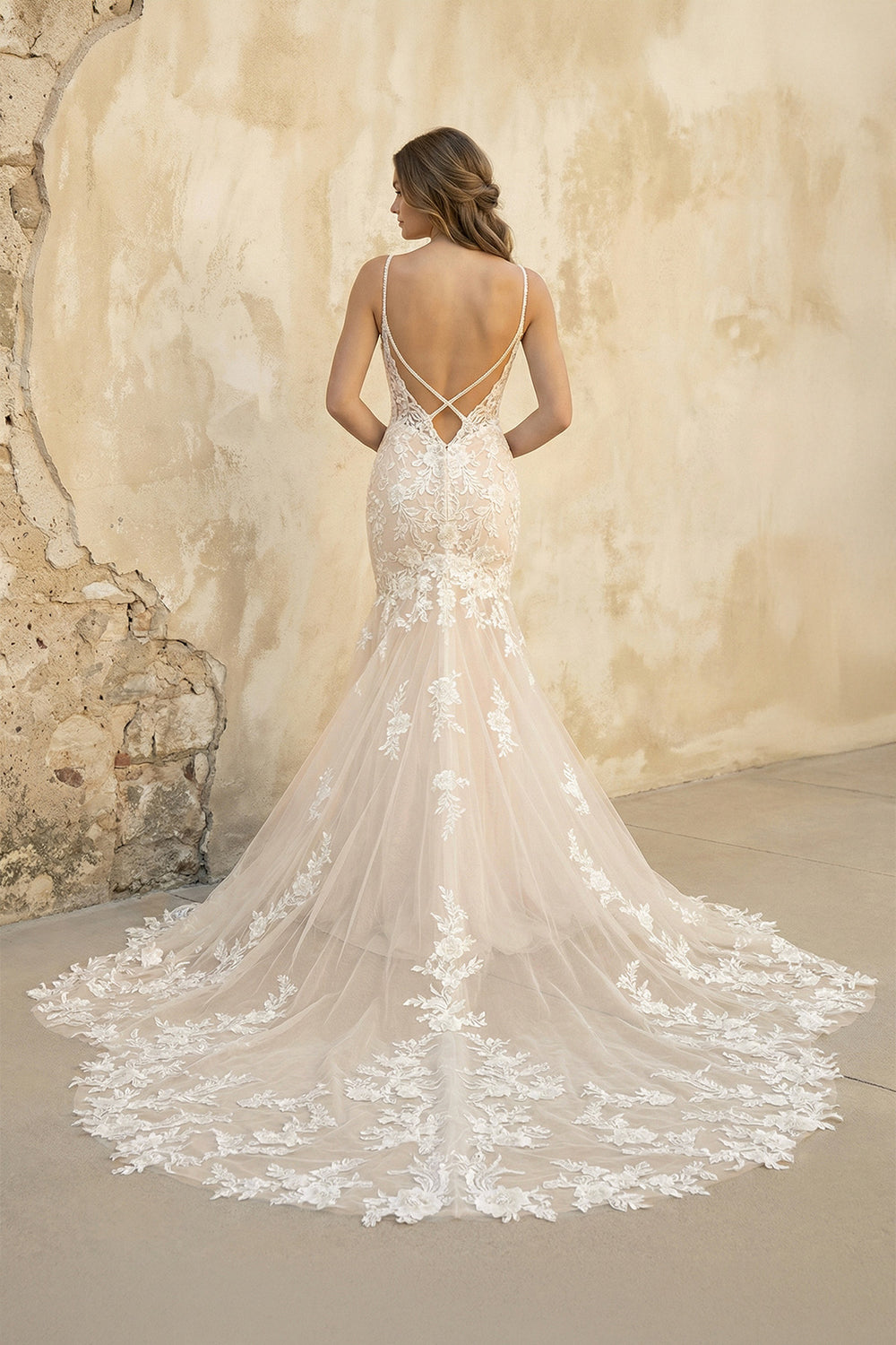 Off White Appliques Backless Mermaid Long Wedding Dress
