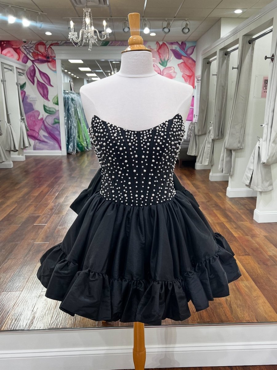 Olira | Black - Strapless A Line Satin Ruffles Homecoming Dresses With Pearls