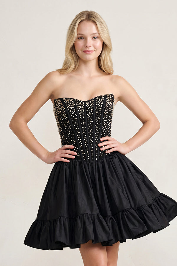 Olira | Black - Strapless A Line Satin Ruffles Homecoming Dresses With Pearls