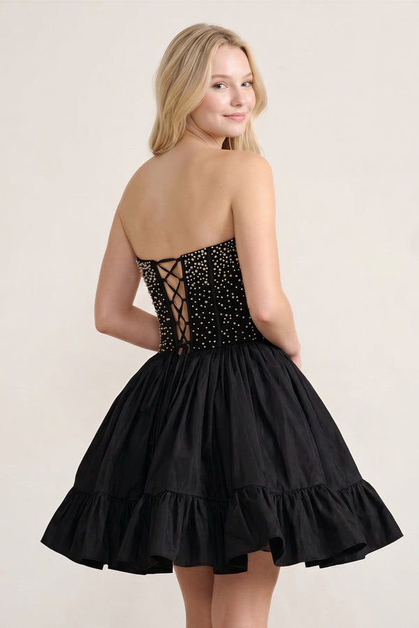 Olira | Black - Strapless A Line Satin Ruffles Homecoming Dresses With Pearls