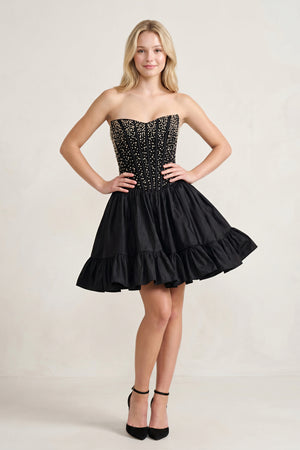 Olira | Black - Strapless A Line Satin Ruffles Homecoming Dresses With Pearls