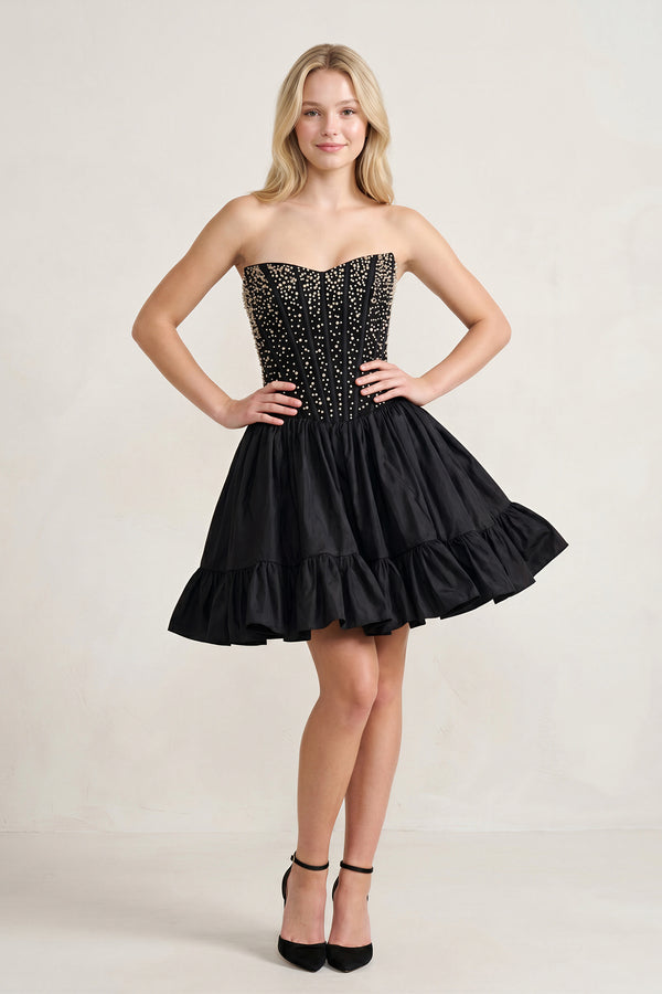Olira | Black - Strapless A Line Satin Ruffles Homecoming Dresses With Pearls