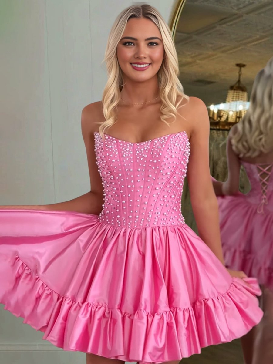 Olira | Pink - Strapless A Line Satin Ruffles Homecoming Dresses With Pearls