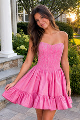 Olira | Pink - Strapless A Line Satin Ruffles Homecoming Dresses With Pearls