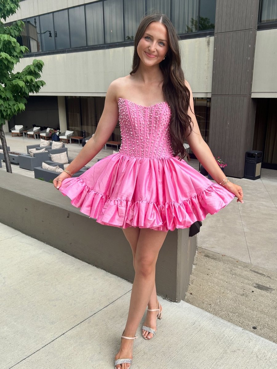 Olira | Pink - Strapless A Line Satin Ruffles Homecoming Dresses With Pearls