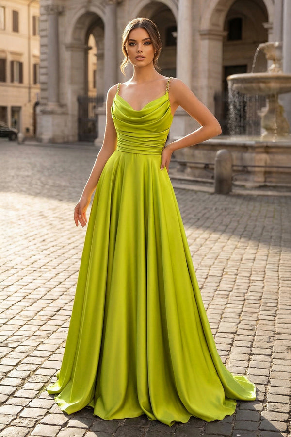 KissProm-Olive Green Cowl Neck Chain Strap A-Line Long Prom Dress