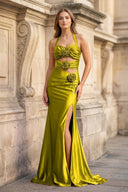 Olive Halter Mermaid Satin Long Party Dress With 3D Flowers | KISSPROM
