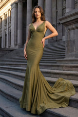Olive Mermaid Deep V-Neck Beaded Satin Long Party Dress | KISSPROM
