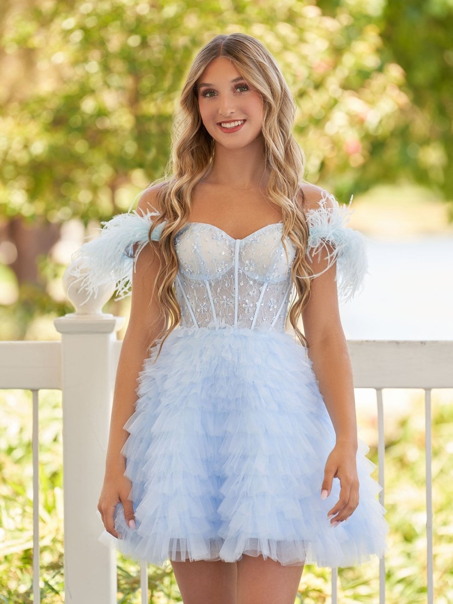 Olivia | A Line Off the Shoulder Sky Blue Homecoming Dress with Feather - KissProm