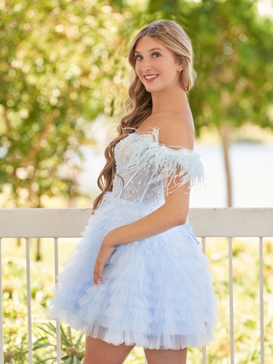 Olivia | A Line Off the Shoulder Sky Blue Homecoming Dress with Feather - KissProm