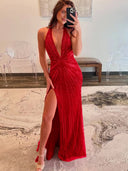 Ollie | Fuchsia Halter Mermaid Beaded Prom Dress With Split