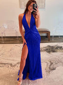 Ollie | Fuchsia Halter Mermaid Beaded Prom Dress With Split