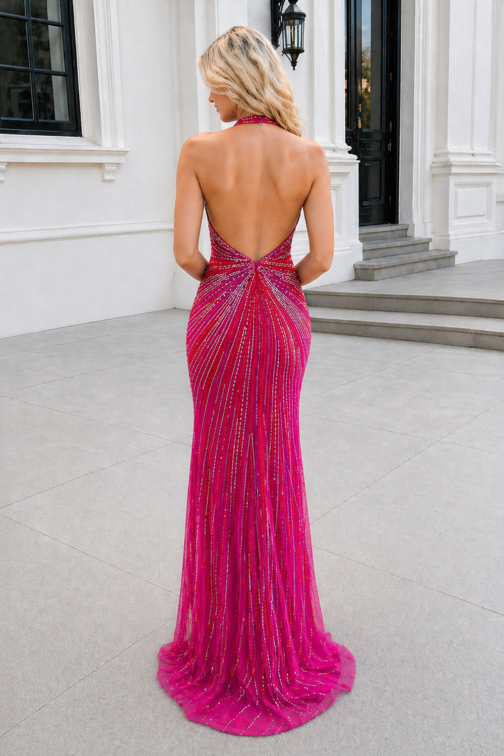 Ollie | Fuchsia Halter Mermaid Beaded Prom Dress With Split