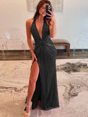 Ollie | Fuchsia Halter Mermaid Beaded Prom Dress With Split