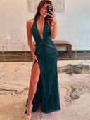 Ollie | Fuchsia Halter Mermaid Beaded Prom Dress With Split