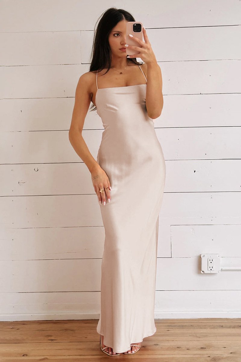 Olwia | Champagne - Spaghetti Straps Sheath Satin Lace Up Long Prom Dresses - KissProm