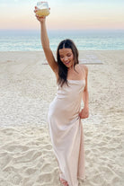 Olwia | Champagne - Spaghetti Straps Sheath Satin Lace Up Long Prom Dresses - KissProm