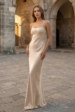 KissProm- Champagne Spaghetti Straps Sheath Satin Lace Up Long Prom Dresses