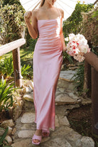 Olwia | Pink - Spaghetti Straps Sheath Satin Lace Up Long Prom Dresses - KissProm