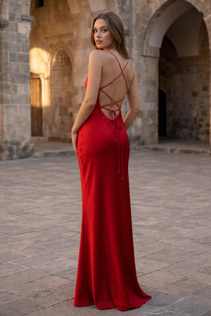 KissProm- Red Spaghetti Straps Sheath Satin Lace Up Long Prom Dresses