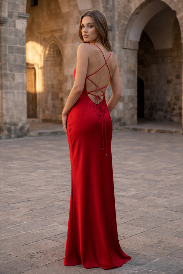 KissProm- Red Spaghetti Straps Sheath Satin Lace Up Long Prom Dresses