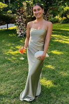 Olwia | Sage - Spaghetti Straps Sheath Satin Lace Up Long Prom Dresses - KissProm