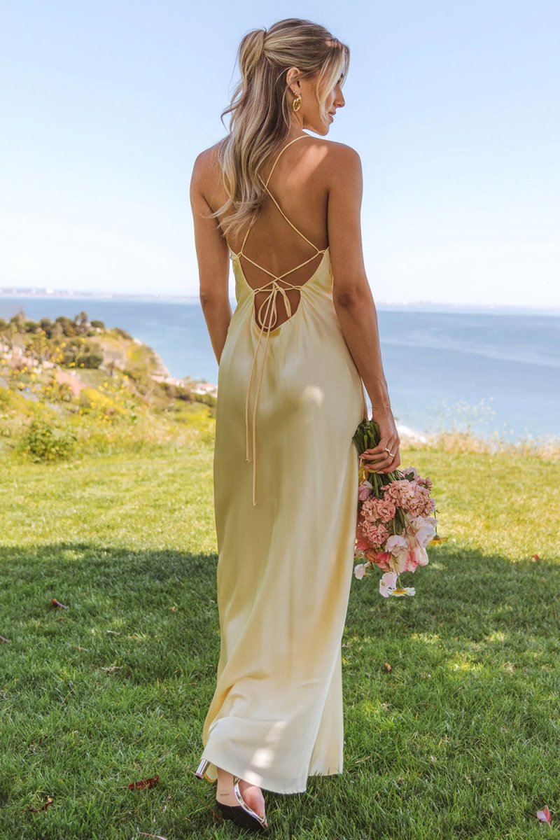 Olwia | Yellow - Spaghetti Straps Sheath Satin Lace Up Long Prom Dresses - KissProm