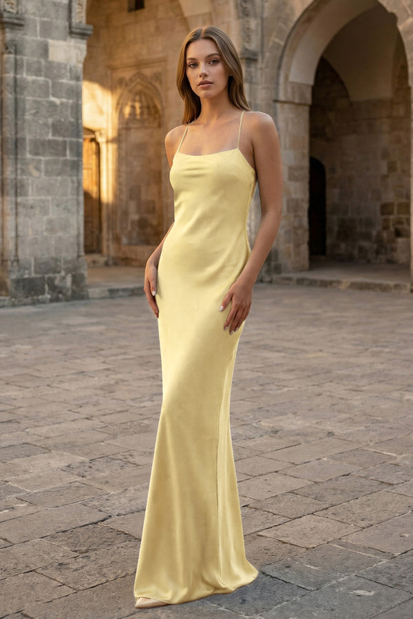 KissProm- Yellow Spaghetti Straps Sheath Satin Lace Up Long Prom Dresses