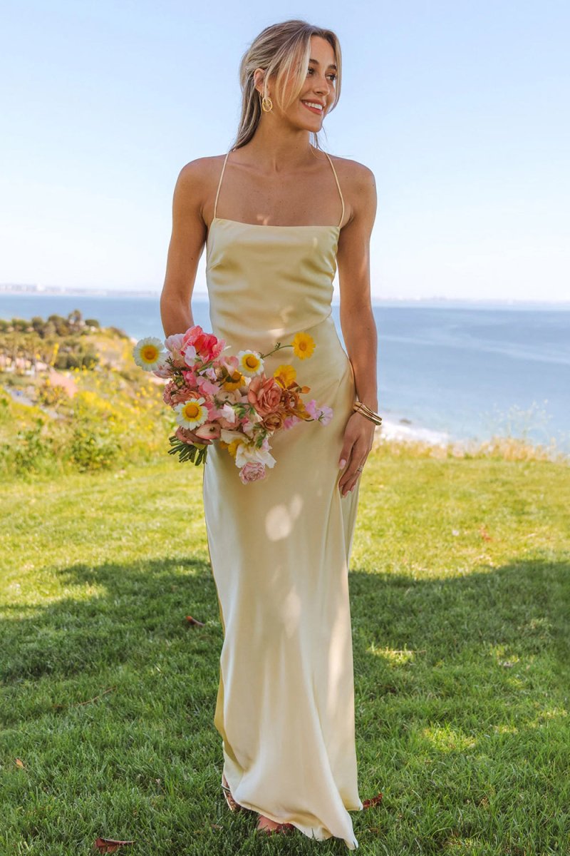 Olwia | Yellow - Spaghetti Straps Sheath Satin Lace Up Long Prom Dresses - KissProm
