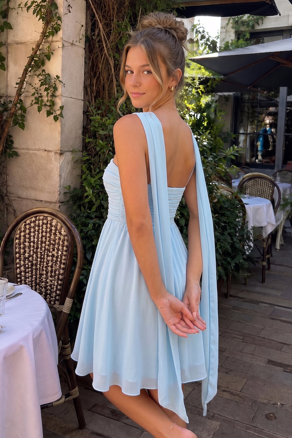 Blue A Line Strapless Chiffon Homecoming Dresses With Scarf - KissProm