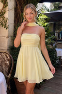 Yellow A Line Strapless Chiffon Homecoming Dresses With Scarf - KissProm