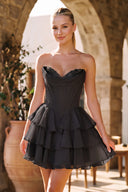 Black A-Line Sweetheart Corset Ruffle Homecoming & Cocktail Dresses With Applique - KissProm