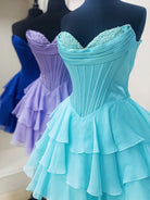 Olyssia | Blue - A-Line Sweetheart Corset Ruffle Homecoming Dress With Applique