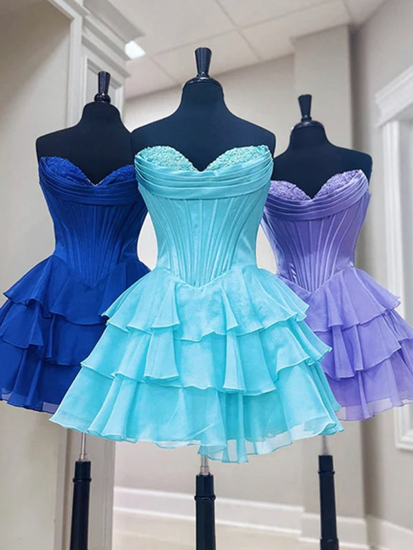 Olyssia | Blue - A-Line Sweetheart Corset Ruffle Homecoming Dress With Applique