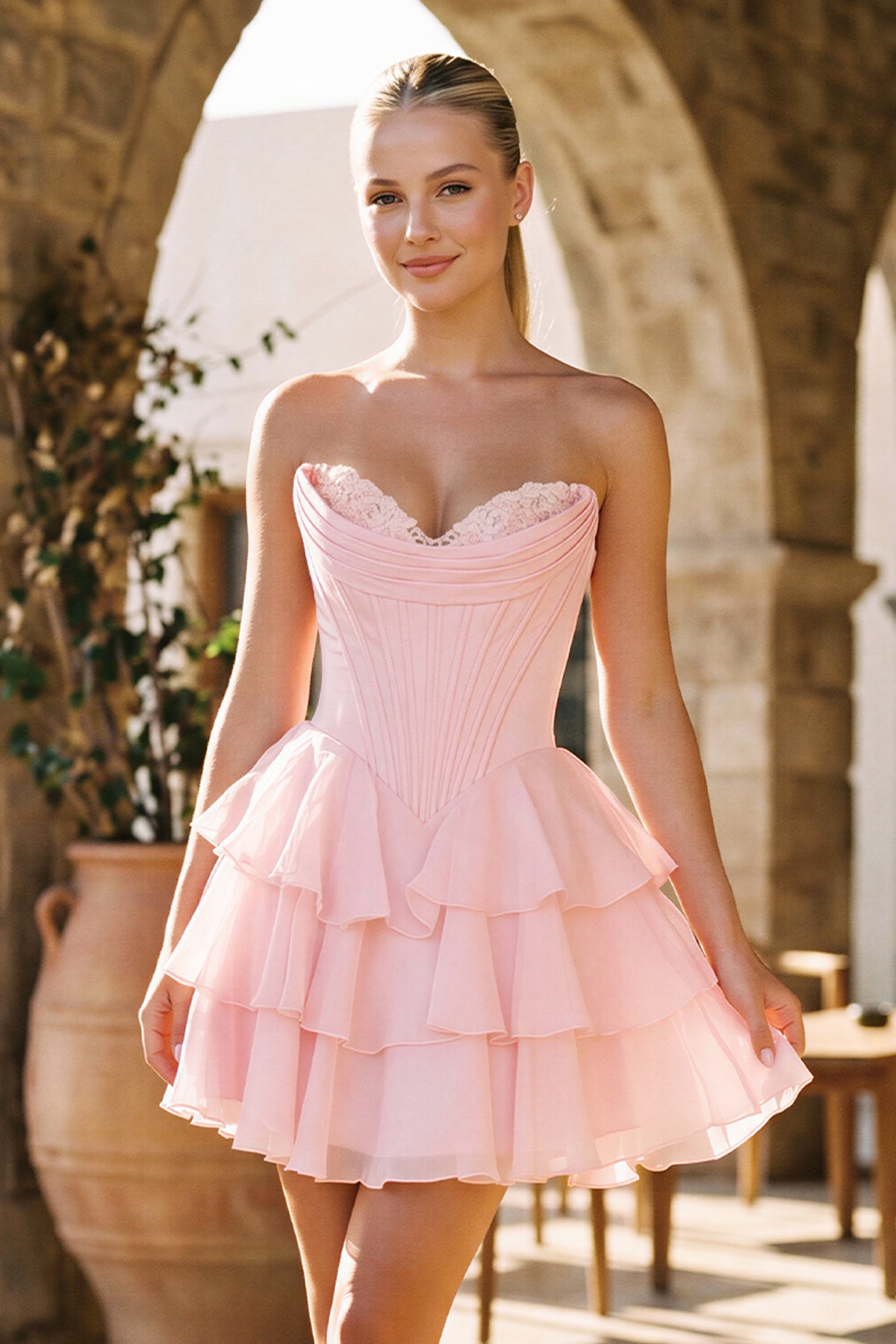 blush corset dress Sherri Hill Ruffle HoCo 57296 Pink Print / 18 The gown has a semi Holly Pink Crystallized Corset High