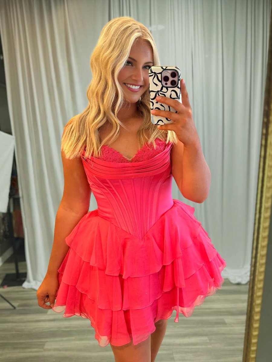 Olyssia | Coral - A-Line Sweetheart Corset Ruffle Homecoming Dress With Applique