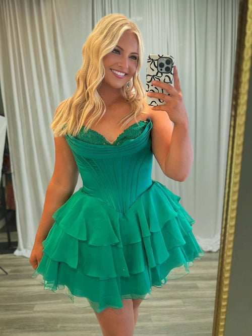 Olyssia | Emerald - A-Line Sweetheart Corset Ruffle Homecoming Dress With Applique