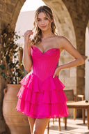 Fuchsia A-Line Sweetheart Corset Ruffle Homecoming & Cocktail Dresses With Applique - KissProm