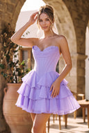 Lilac A-Line Sweetheart Corset Ruffle Homecoming & Cocktail Dresses With Applique - KissProm