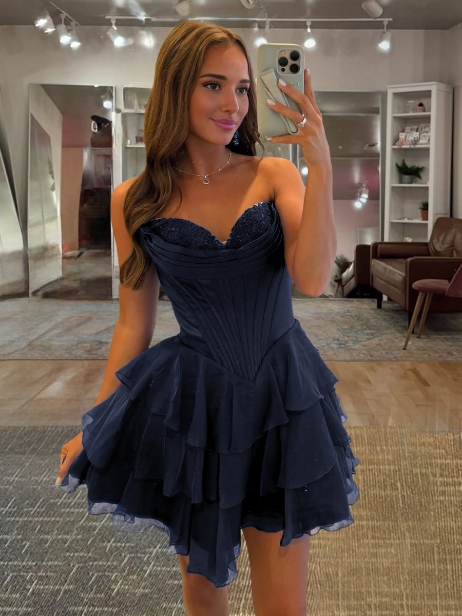 Olyssia | Navy Blue - A-Line Sweetheart Corset Ruffle Homecoming Dress With Applique