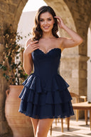 Navy Blue A-Line Sweetheart Corset Ruffle Homecoming & Cocktail Dresses With Applique - KissProm