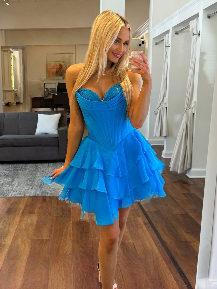 Olyssia | Azure - A-Line Sweetheart Corset Ruffle Homecoming Dress With Applique
