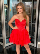 Olyssia | Red - A-Line Sweetheart Corset Ruffle Homecoming Dress With Applique