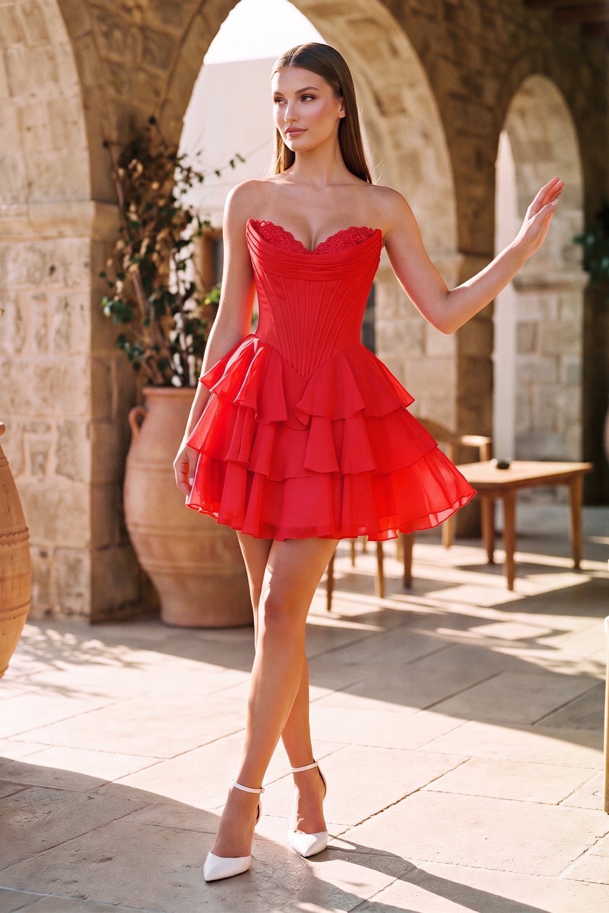KissProm Blush A-Line Sweetheart Corset Ruffle Homecoming Dresses With Applique, Red / 00