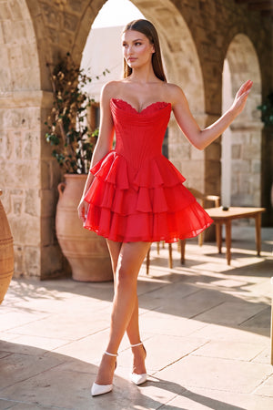 Red A-Line Sweetheart Corset Ruffle Homecoming & Cocktail Dresses With Applique - KissProm