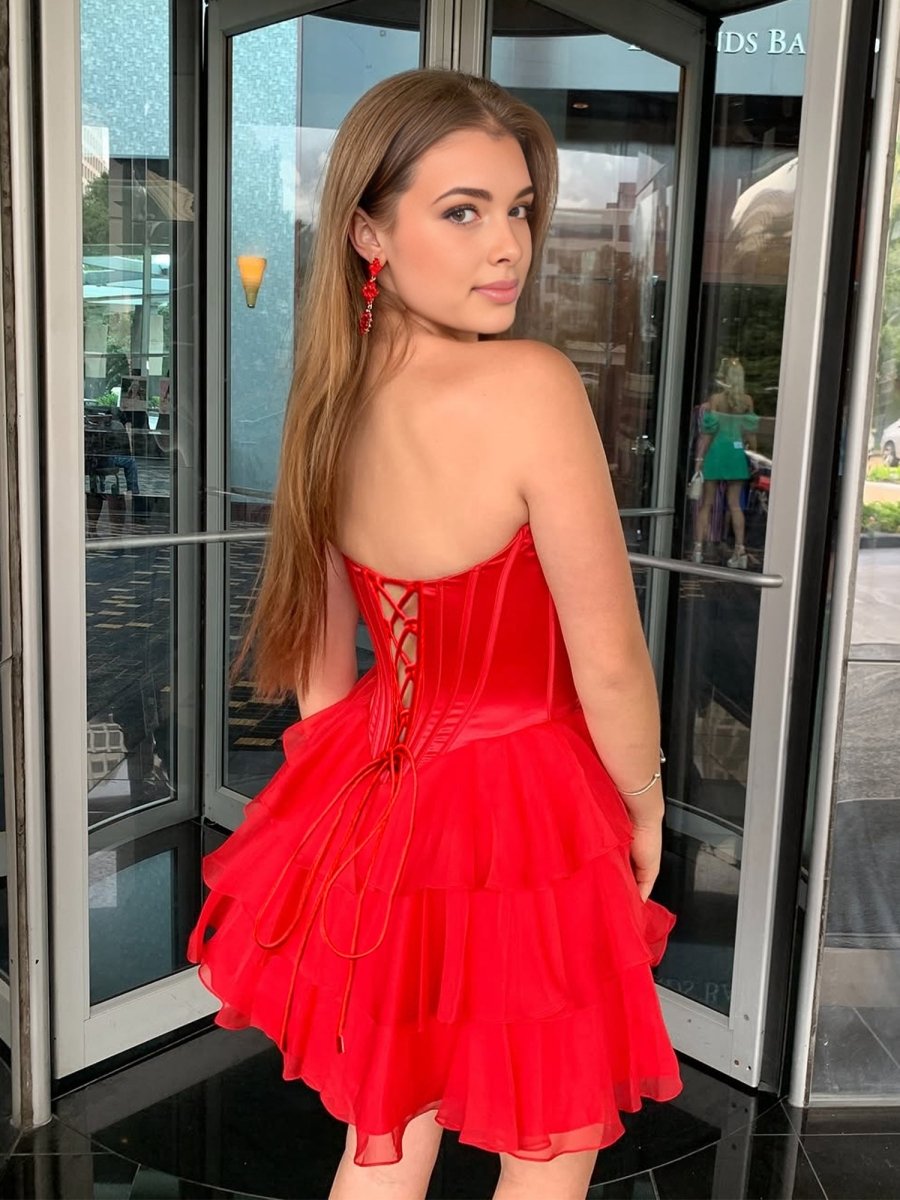 Olyssia | Red - A-Line Sweetheart Corset Ruffle Homecoming Dress With Applique