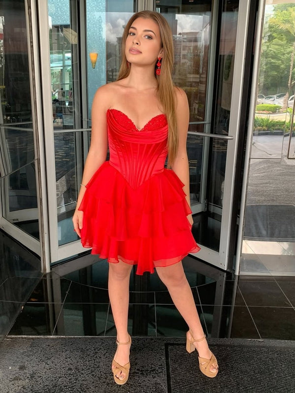 Olyssia | Red - A-Line Sweetheart Corset Ruffle Homecoming Dress With Applique