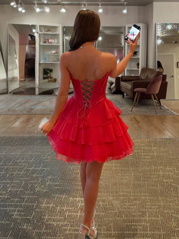 Olyssia | Red - A-Line Sweetheart Corset Ruffle Homecoming Dress With Applique